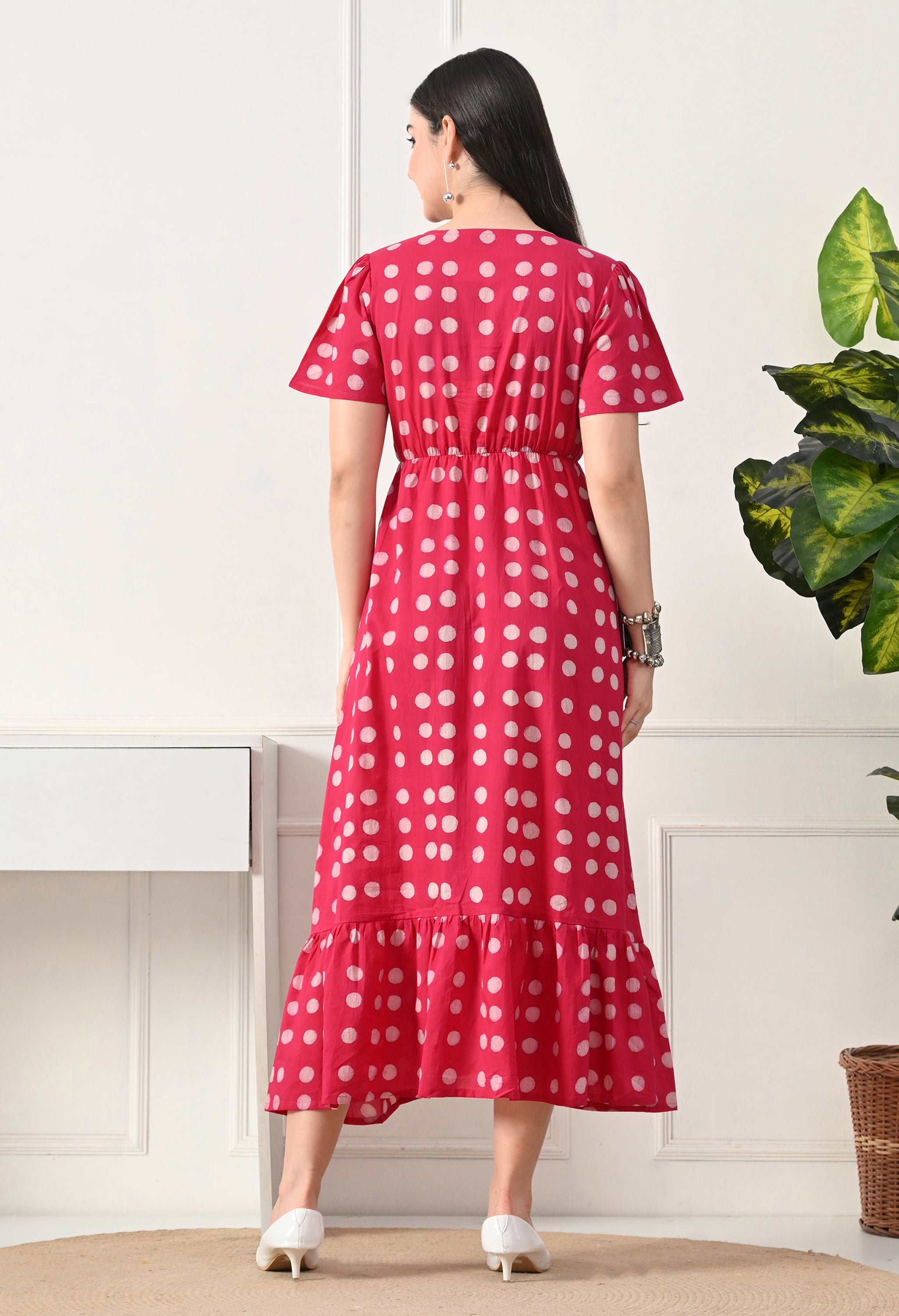 Pink Polka Dot Printed V neck Midi Cotton Wrap Dress for Women