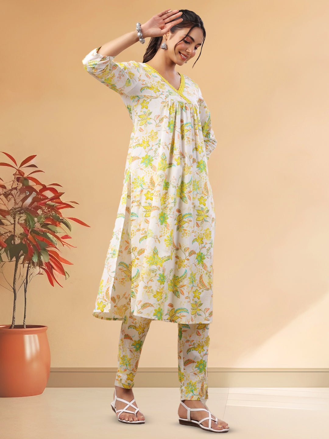 Elegant White Cotton Printed A-Line Kurta Set