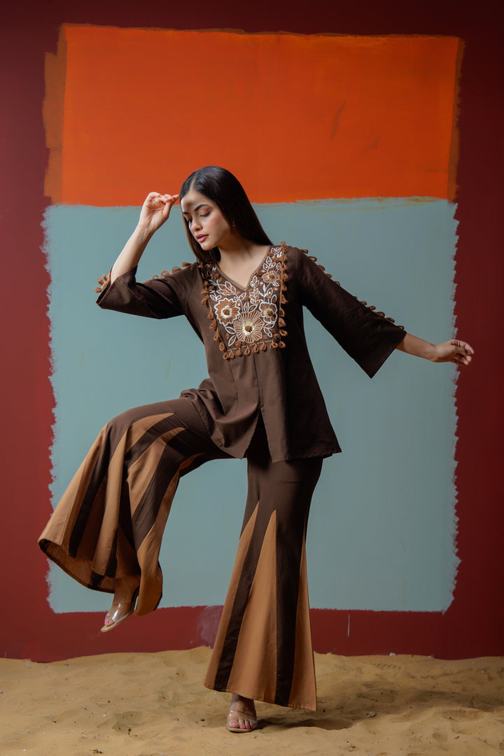 Cotton Brown Embroidered Top with Flared Palazzo Women Co-ord set