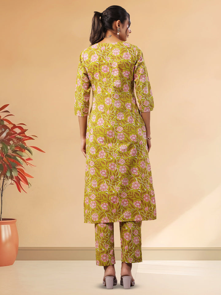 Lime Green Floral Cambric Kurta Set