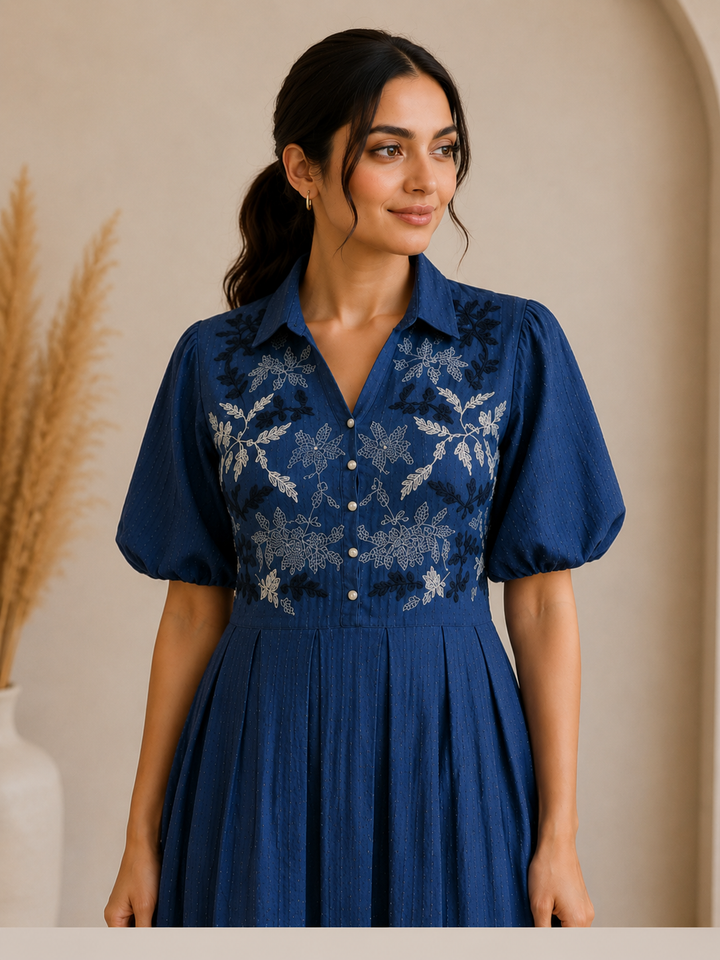 Custard Women's Navy Blue Cotton Embroidered Midi Dress