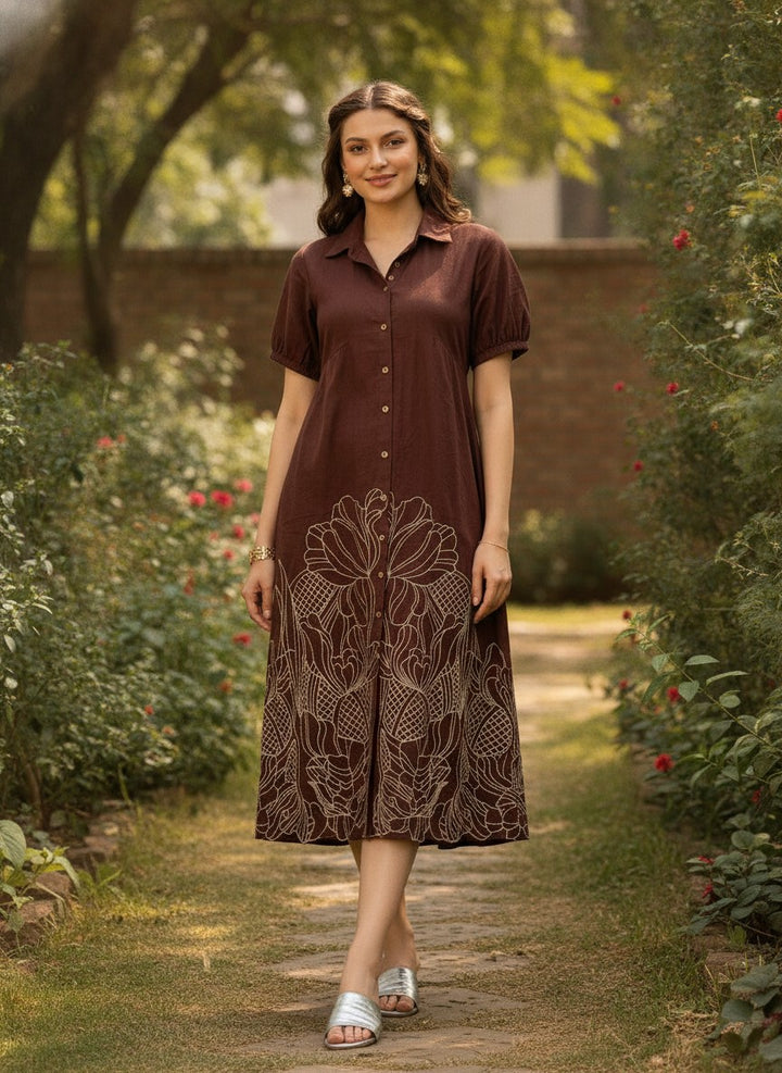 Women Brown Cotton Embroidered Shirt Collar A-Line Midi Dress