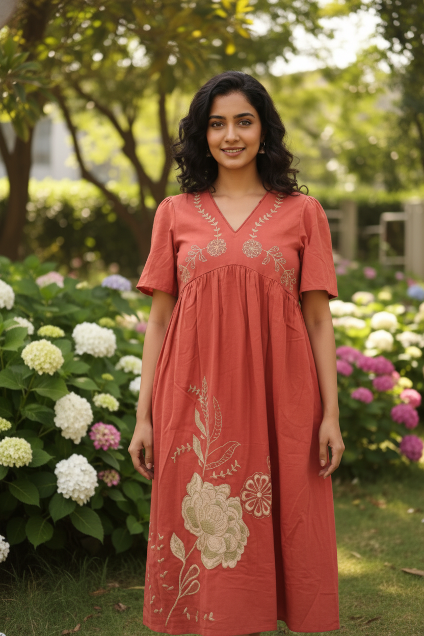 Custard Women's Rust Cotton Embroidered Midi Dress