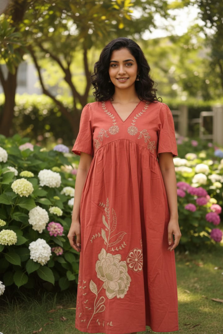 Custard Women's Rust Cotton Embroidered Midi Dress