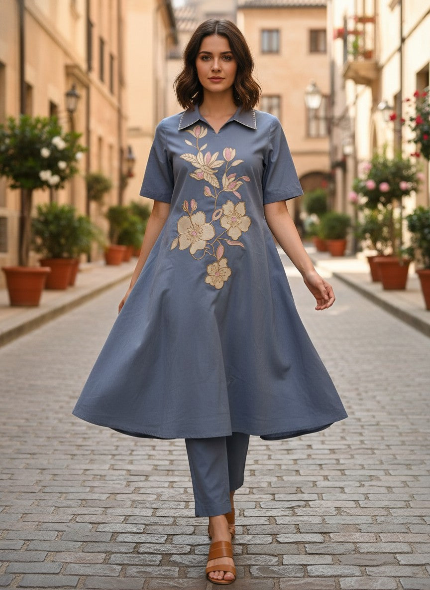 Custard Charm Blue Floral Embroidered Cotton  Kurta Set