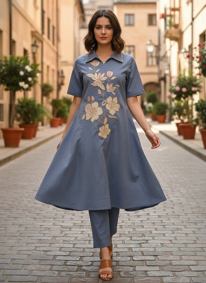 Custard Charm Blue Floral Embroidered Cotton  Kurta Set