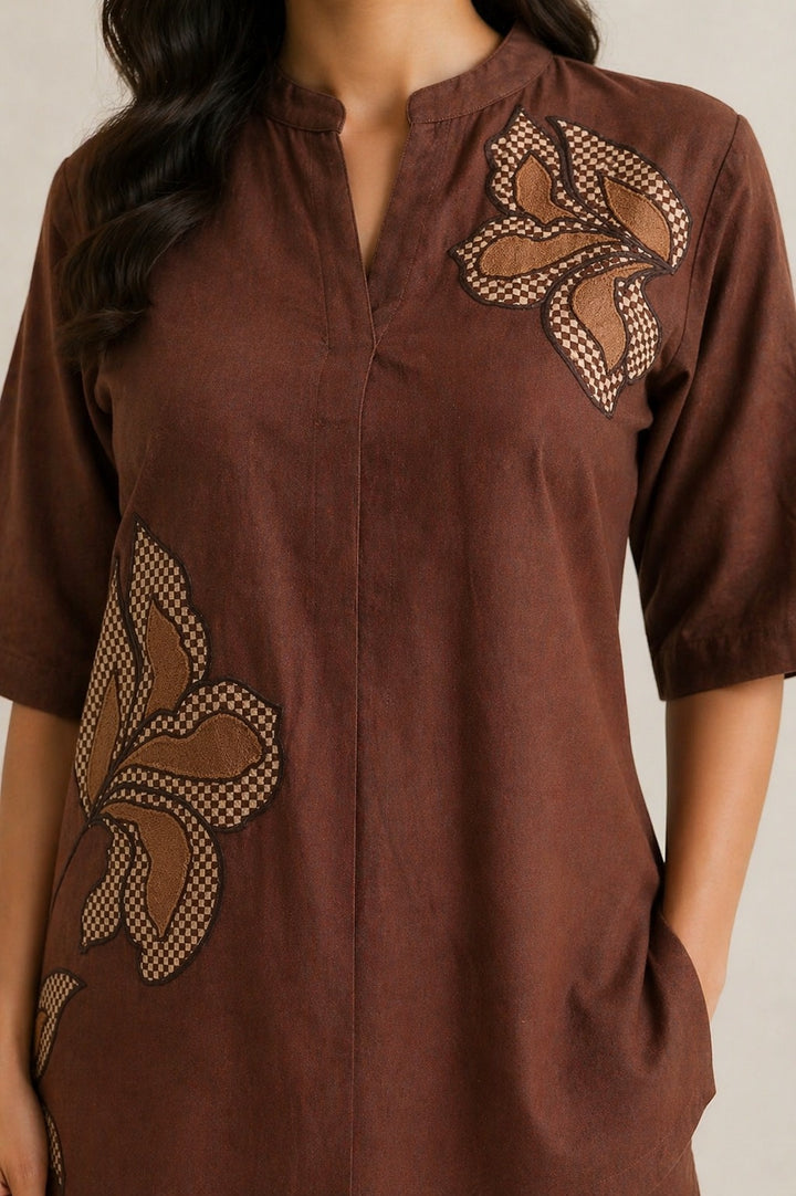 Custard Chocolate Brown Floral Embroidered Flex Co-ord Set