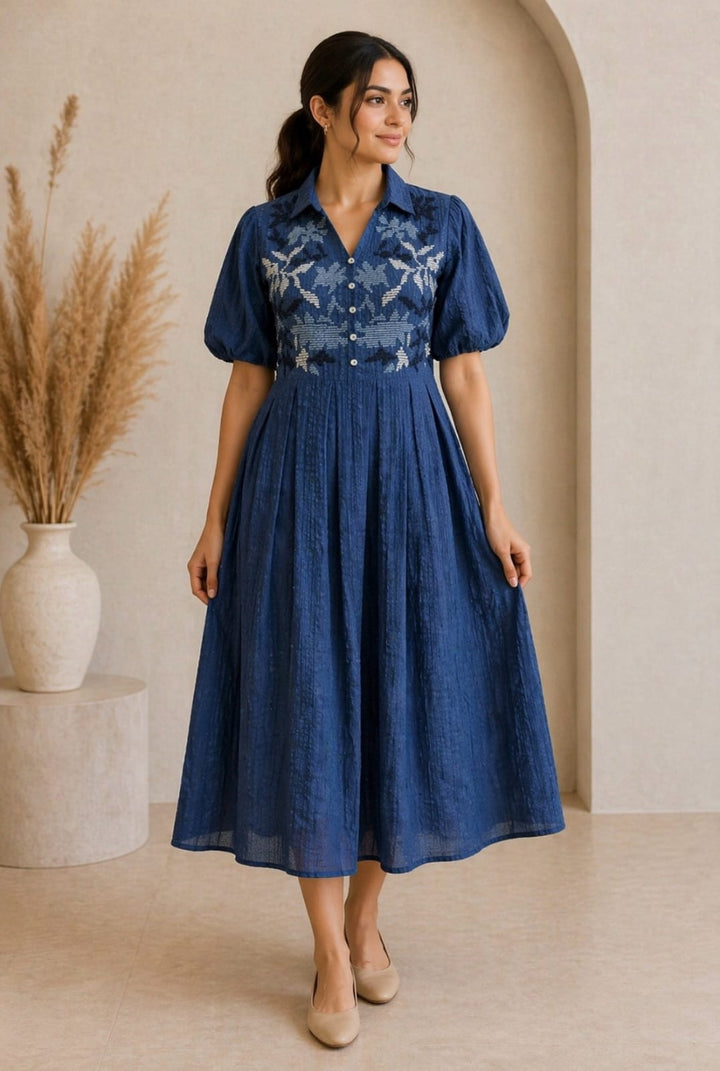 Custard Women's Navy Blue Cotton Embroidered Midi Dress