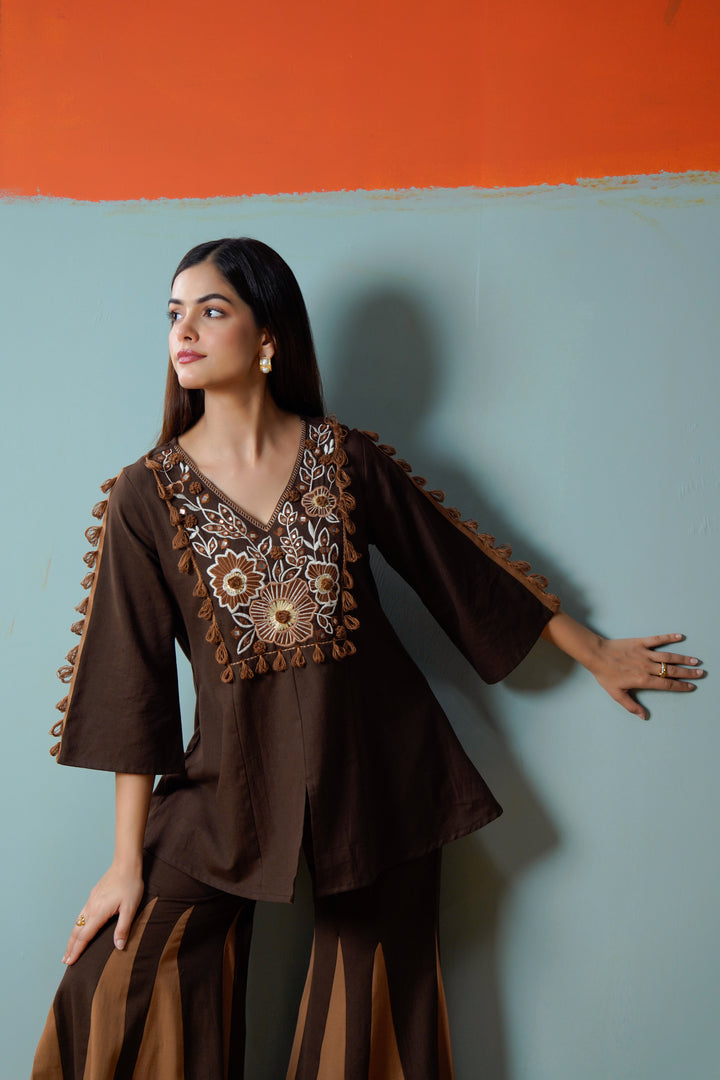 Cotton Brown Embroidered Top with Flared Palazzo Women Co-ord set