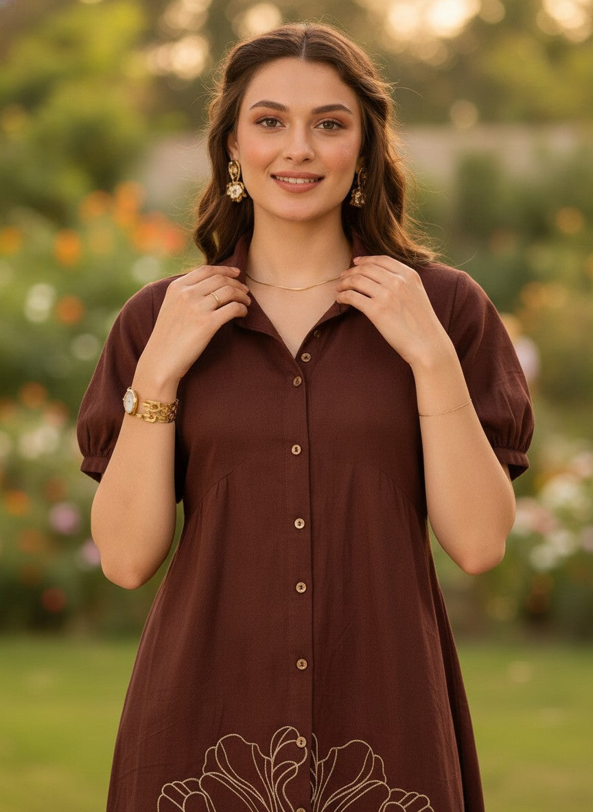 Women Brown Cotton Embroidered Shirt Collar A-Line Midi Dress