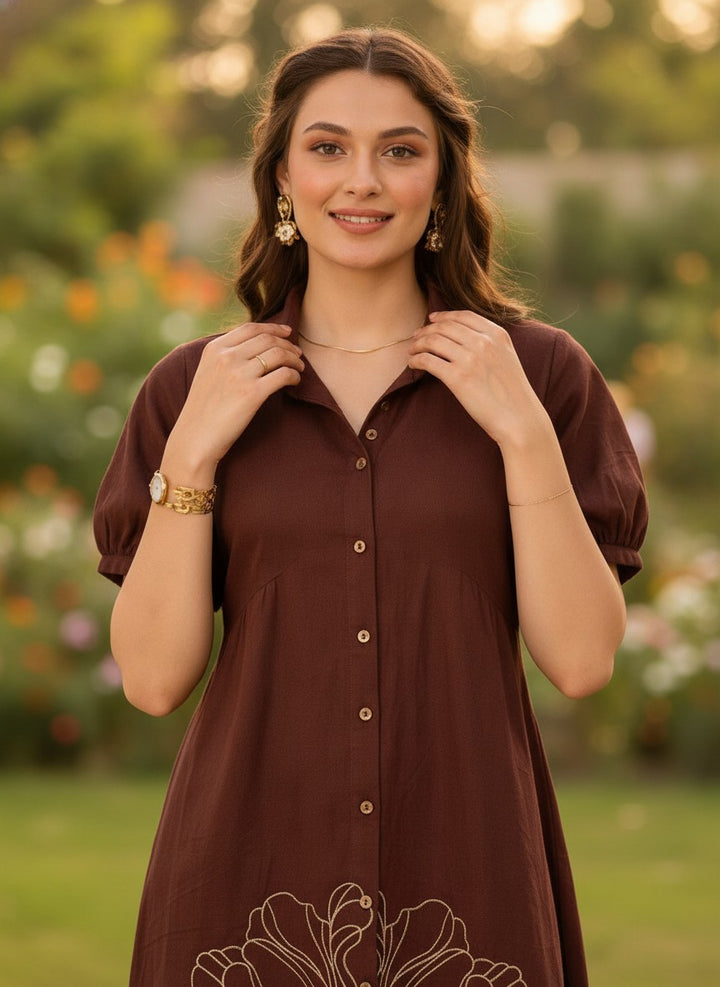 Women Brown Cotton Embroidered Shirt Collar A-Line Midi Dress