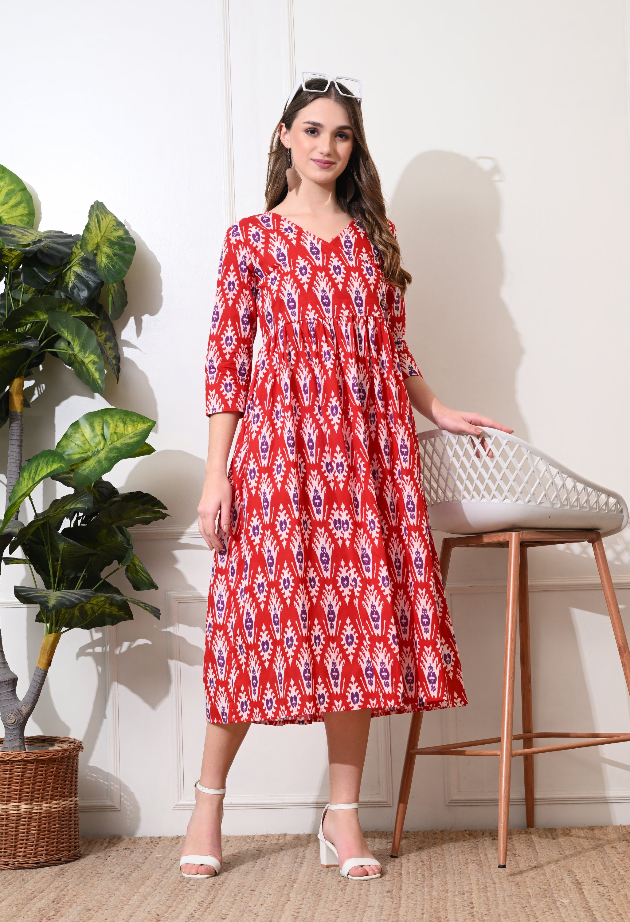 Red Printed V neck Midi Cotton Dress for Women