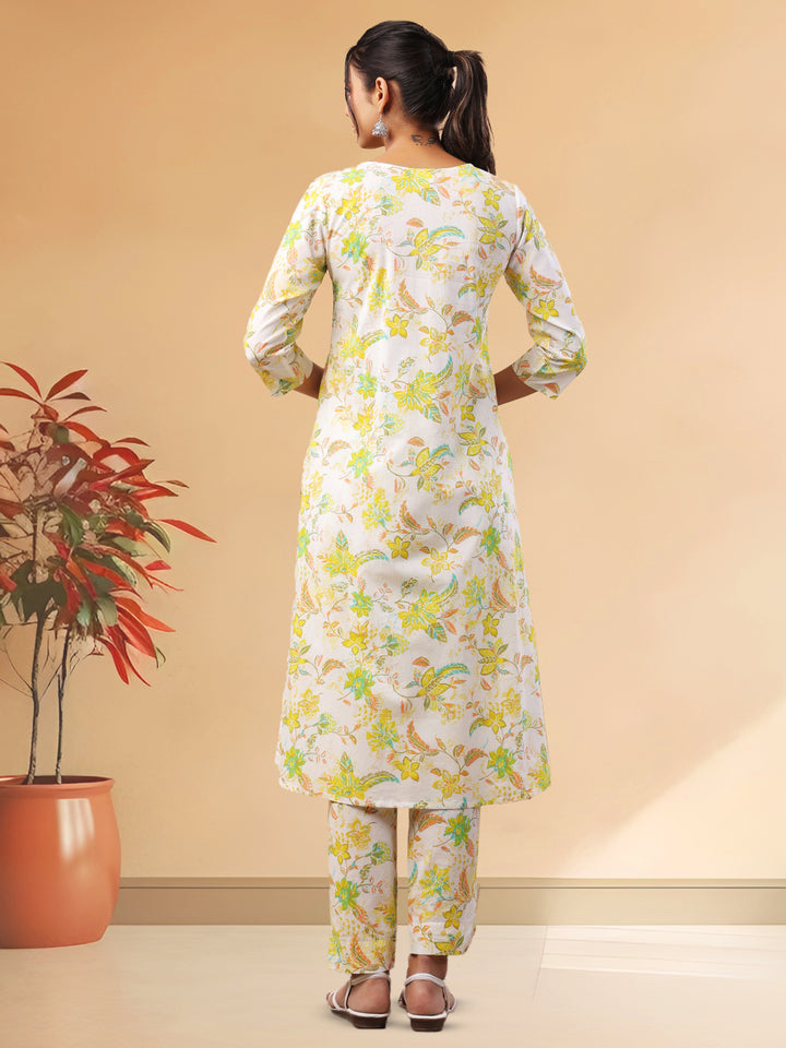 Elegant White Cotton Printed A-Line Kurta Set