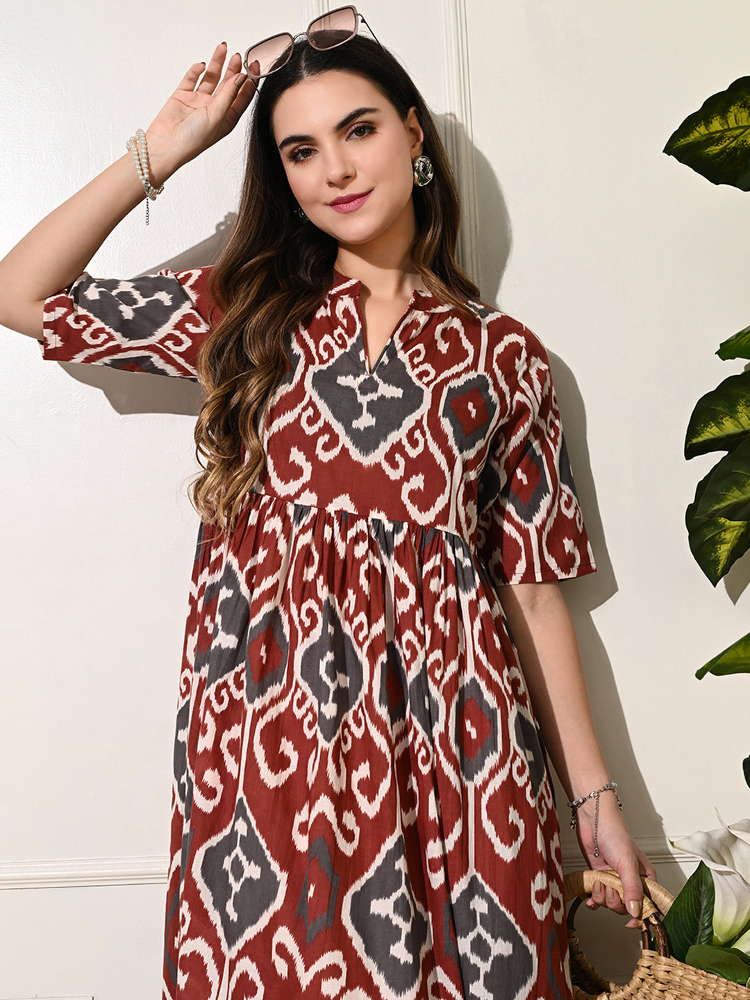 Brown Printed Band Collar Cotton Midi Dress for Women