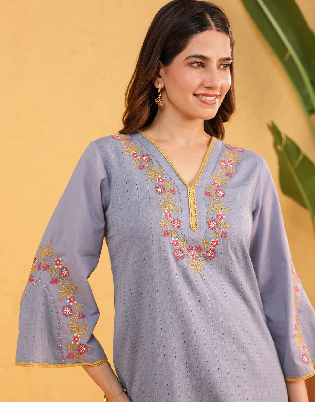 Custard Light Blue Floral Embroidered Kurta & Patiala Cotton Co-ord Set
