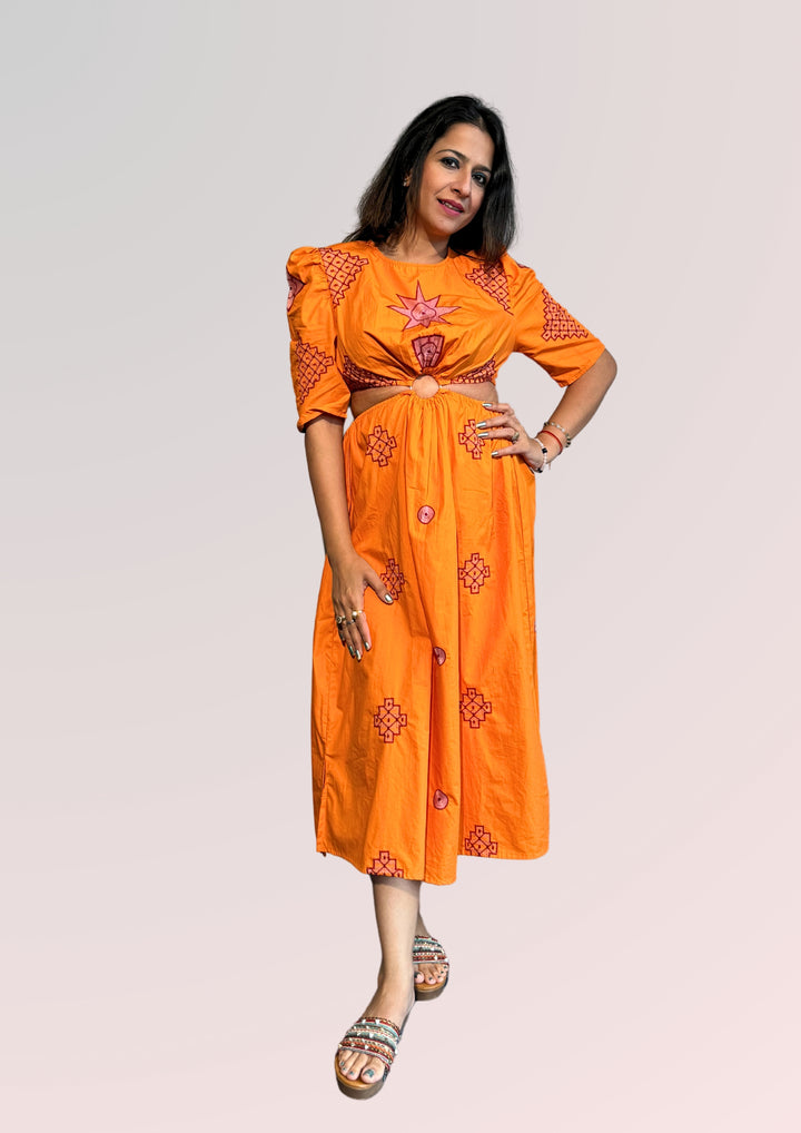 WOMEN ORANGE COTTON EMBROIDERED A-LINE DRESS