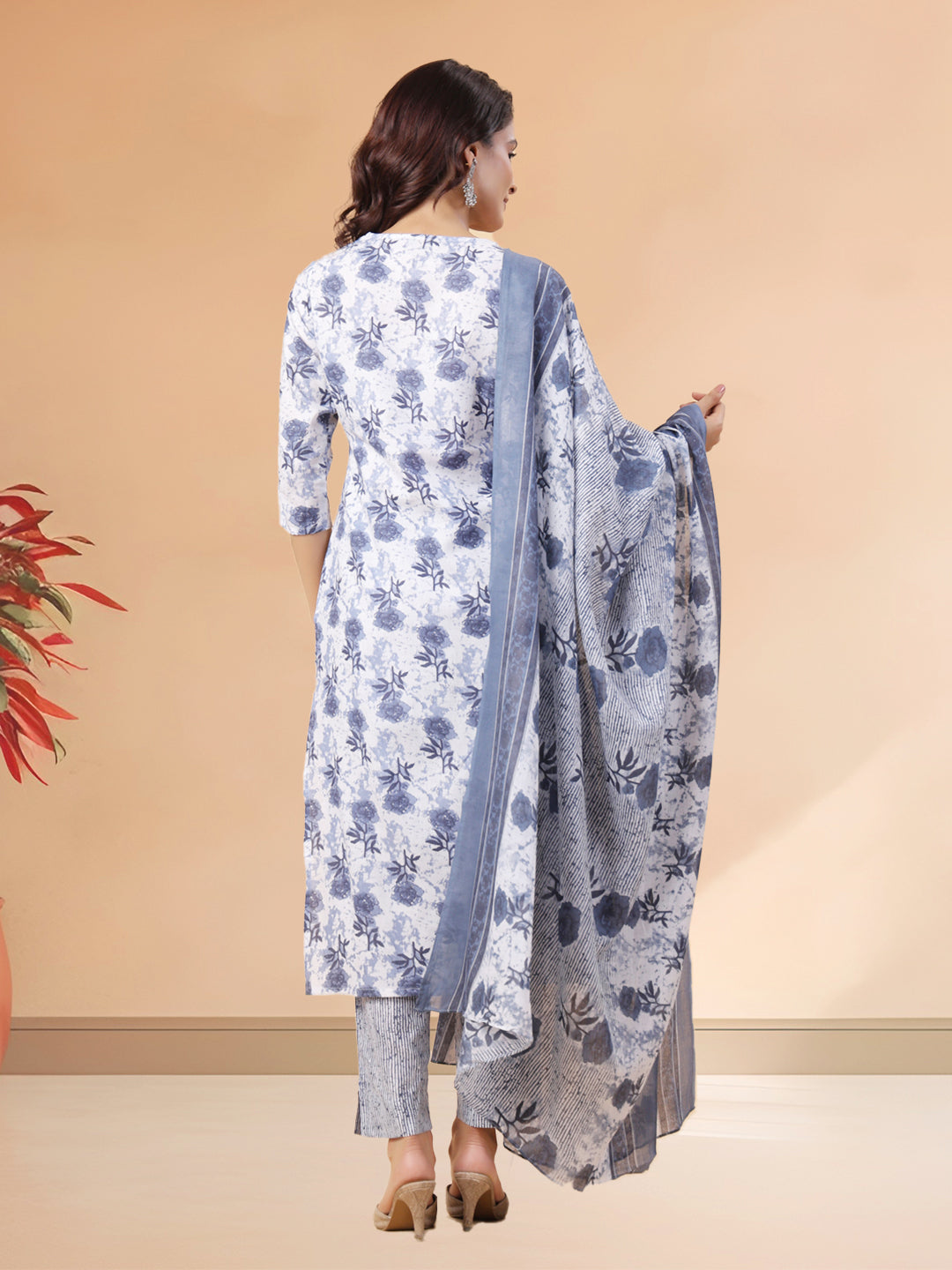 White and Blue Floral Cotton Blend Kurta Set