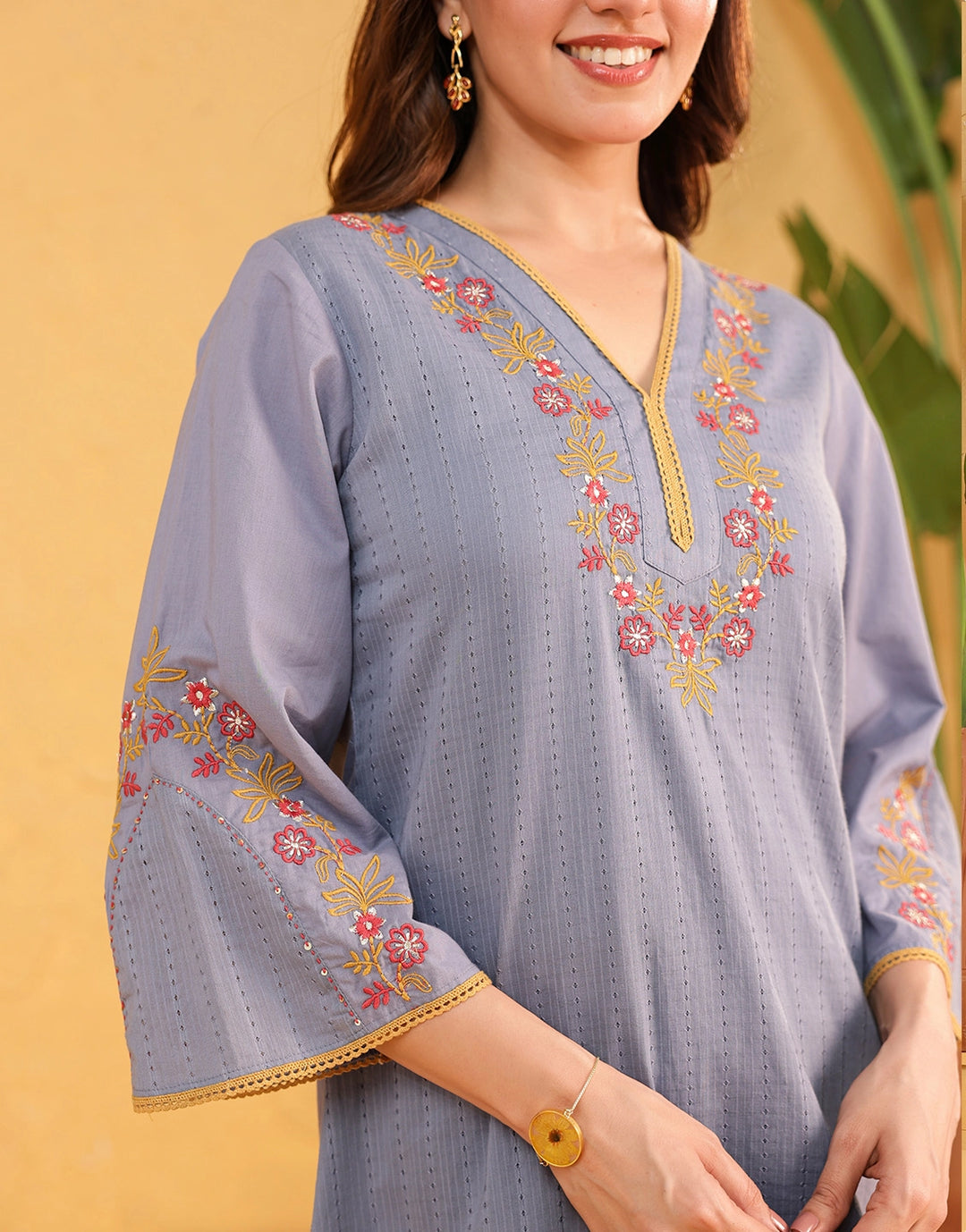 Custard Light Blue Floral Embroidered Kurta & Patiala Cotton Co-ord Set