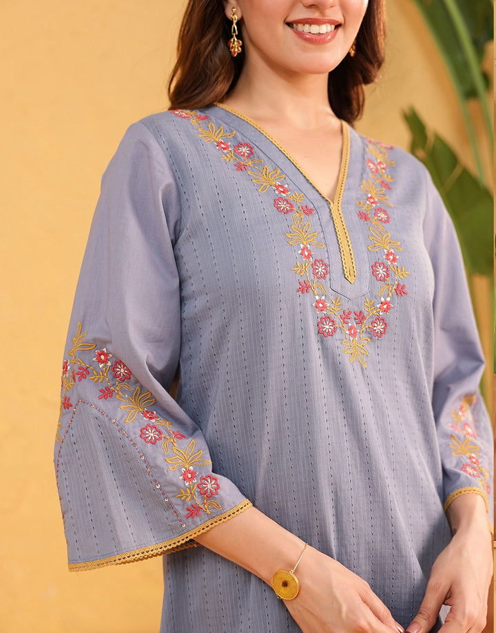 Custard Light Blue Floral Embroidered Kurta & Patiala Cotton Co-ord Set