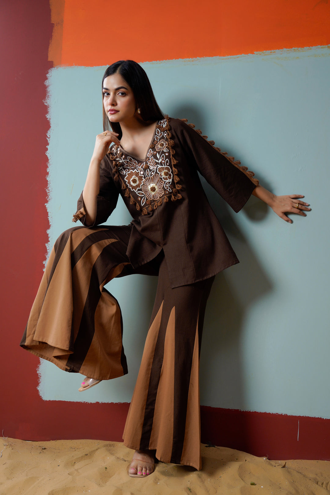 Cotton Brown Embroidered Top with Flared Palazzo Women Co-ord set