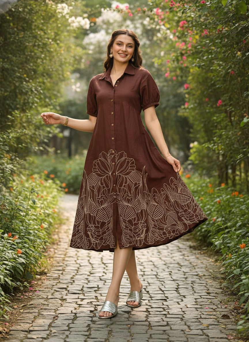 Women Brown Cotton Embroidered Shirt Collar A-Line Midi Dress