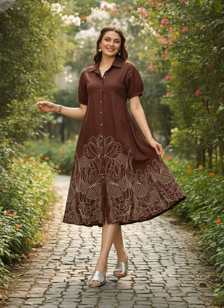 Women Brown Cotton Embroidered Shirt Collar A-Line Midi Dress