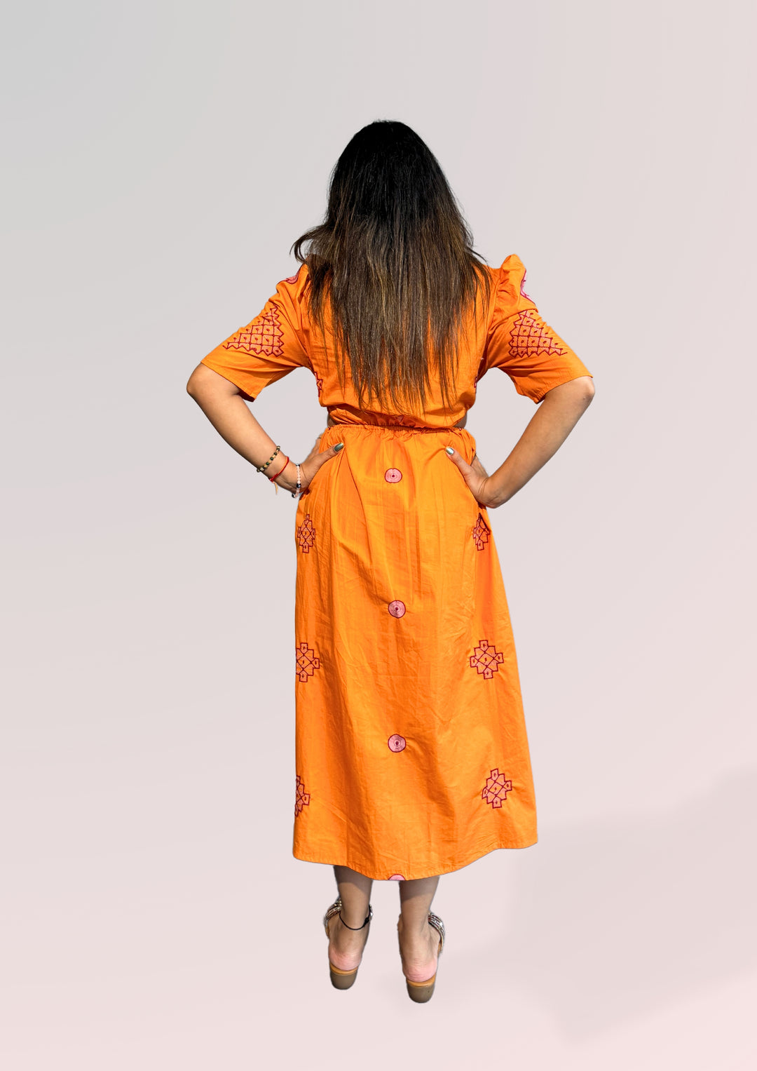 WOMEN ORANGE COTTON EMBROIDERED A-LINE DRESS