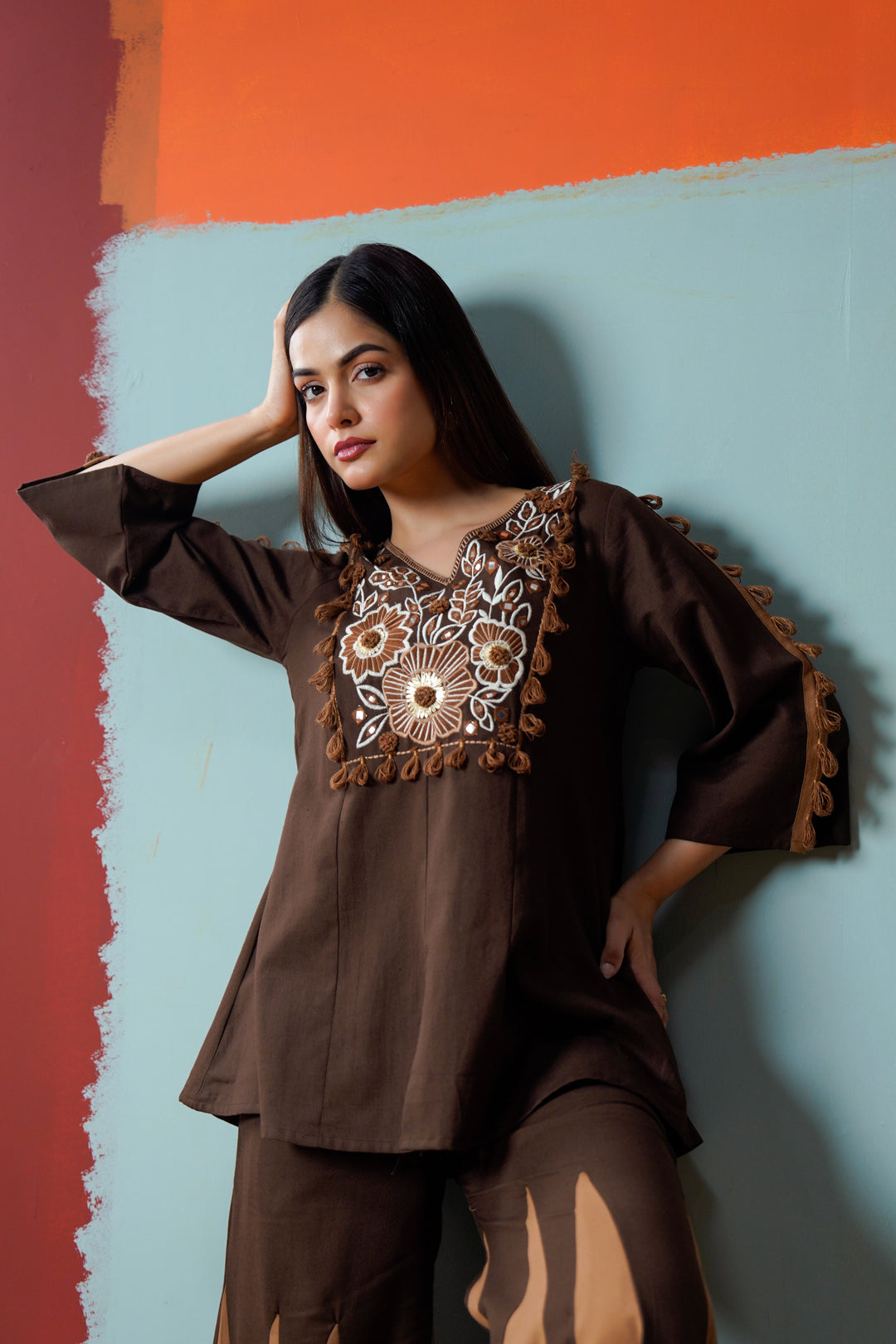 Cotton Brown Embroidered Top with Flared Palazzo Women Co-ord set