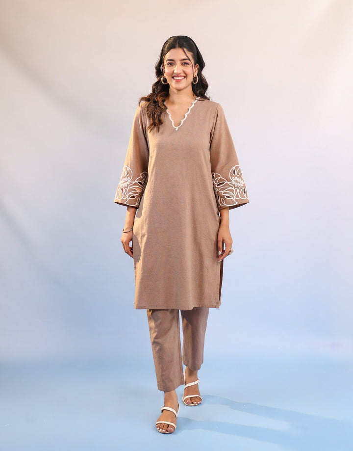 Women Brown Cotton V neck Kurta set with Embriodered Sleeve