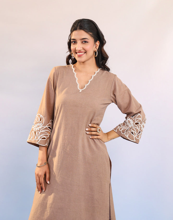 Women Brown Cotton V neck Kurta set with Embriodered Sleeve