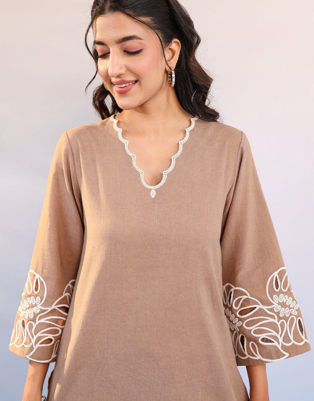 Women Brown Cotton V neck Kurta set with Embriodered Sleeve