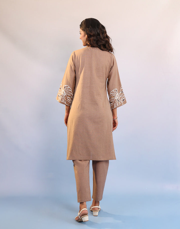 Women Brown Cotton V neck Kurta set with Embriodered Sleeve