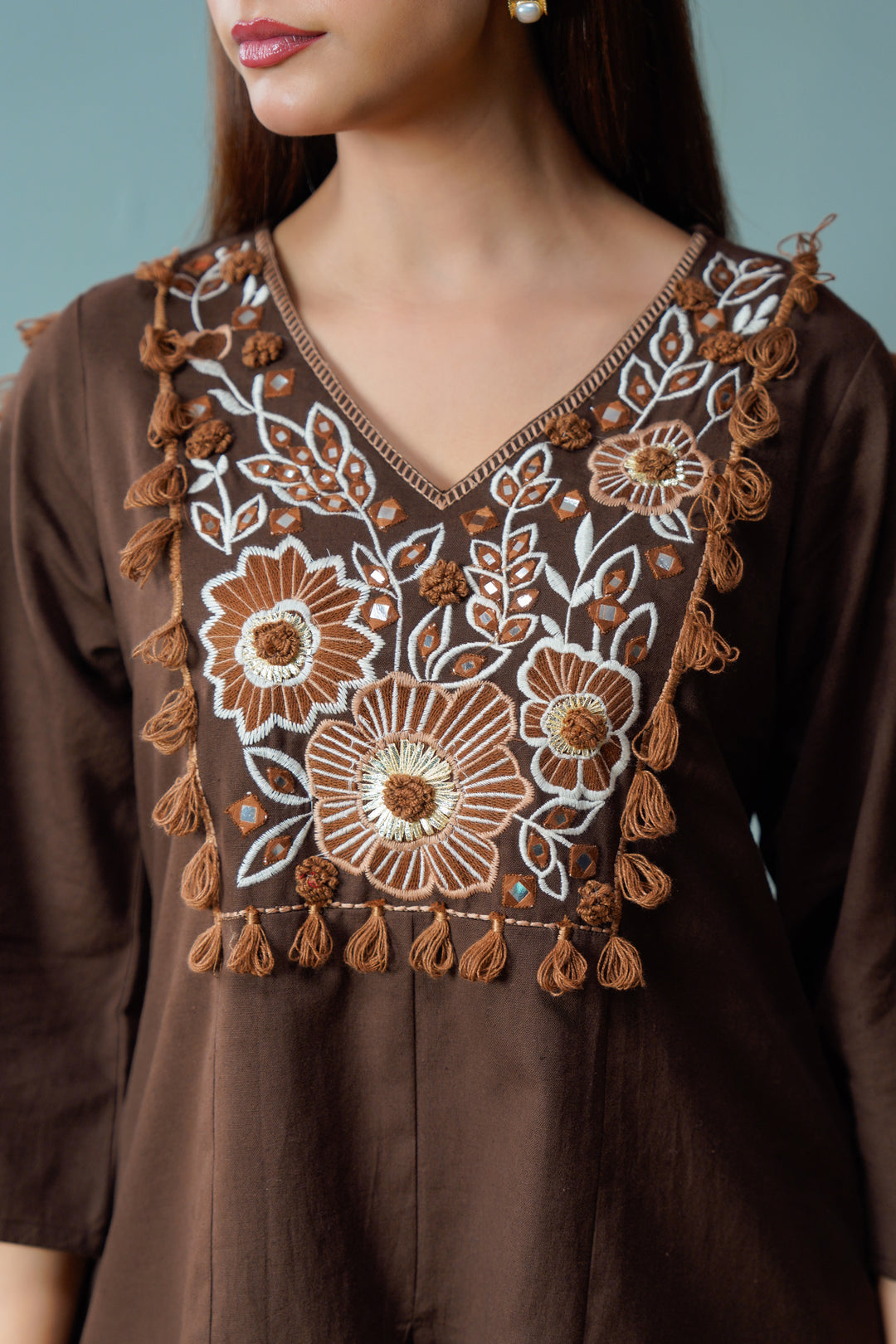 Cotton Brown Embroidered Top with Flared Palazzo Women Co-ord set