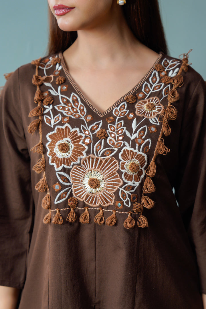 Cotton Brown Embroidered Top with Flared Palazzo Women Co-ord set