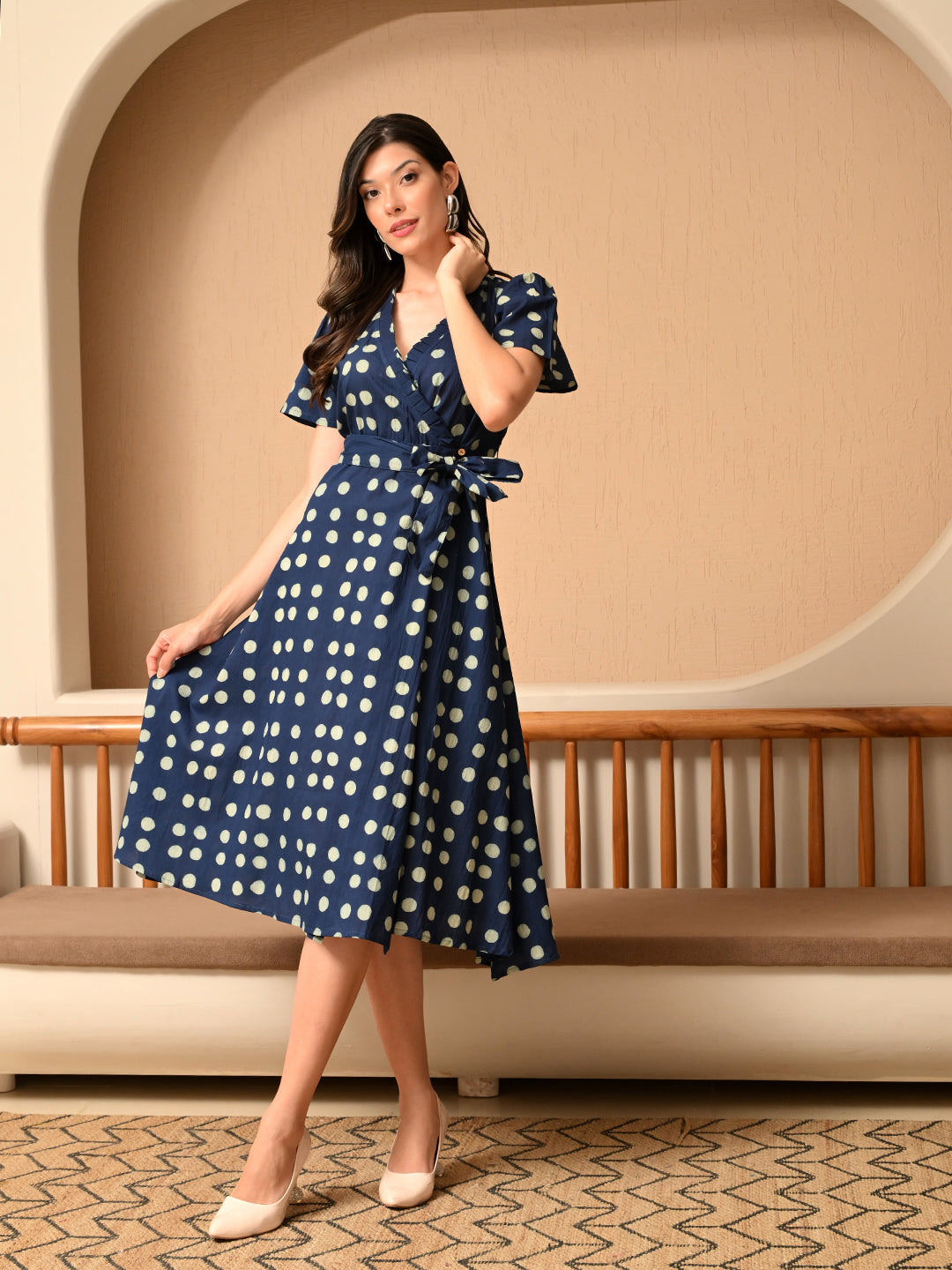 Blue Polka Dot Printed V neck Midi Cotton Dress for Women