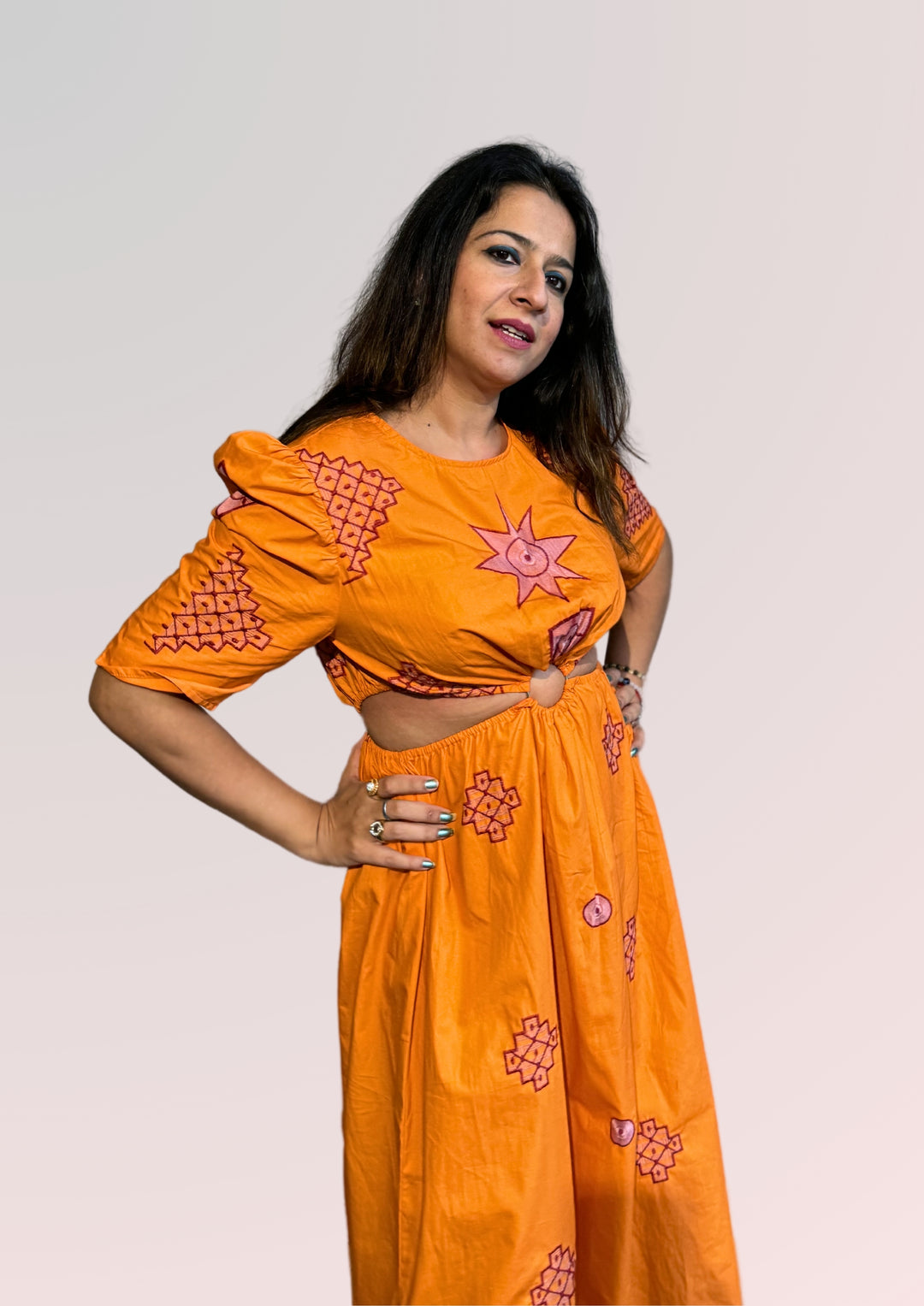 WOMEN ORANGE COTTON EMBROIDERED A-LINE DRESS