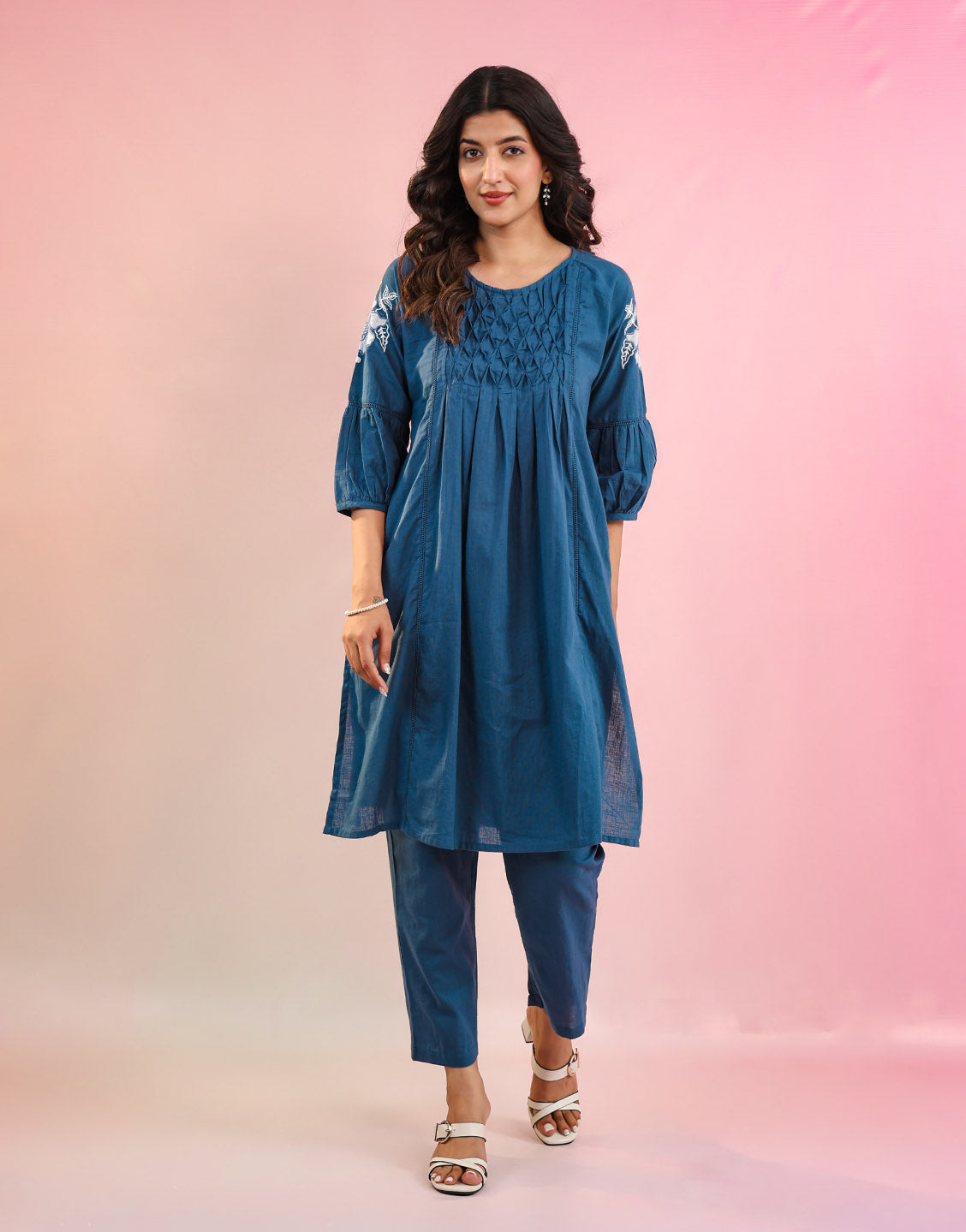 Women Teal Blue Cotton Coord Set with Embrioded Sleeve and Smoking Style detailing Neck