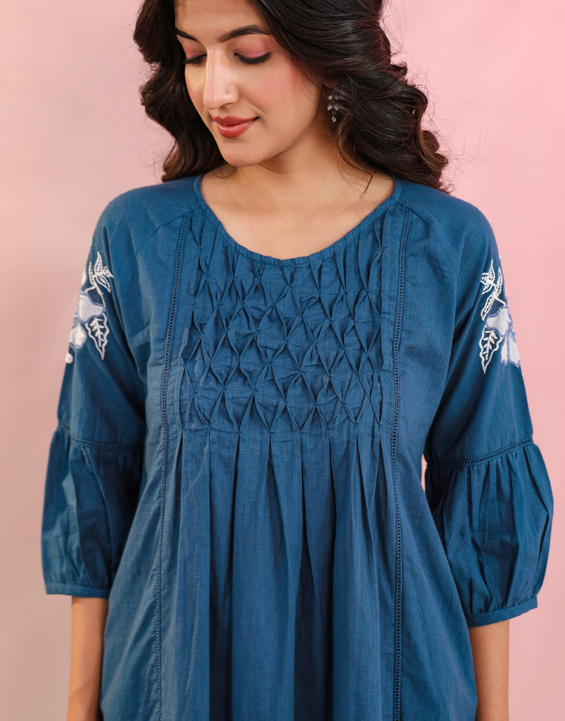 Women Teal Blue Cotton Coord Set with Embrioded Sleeve and Smoking Style detailing Neck