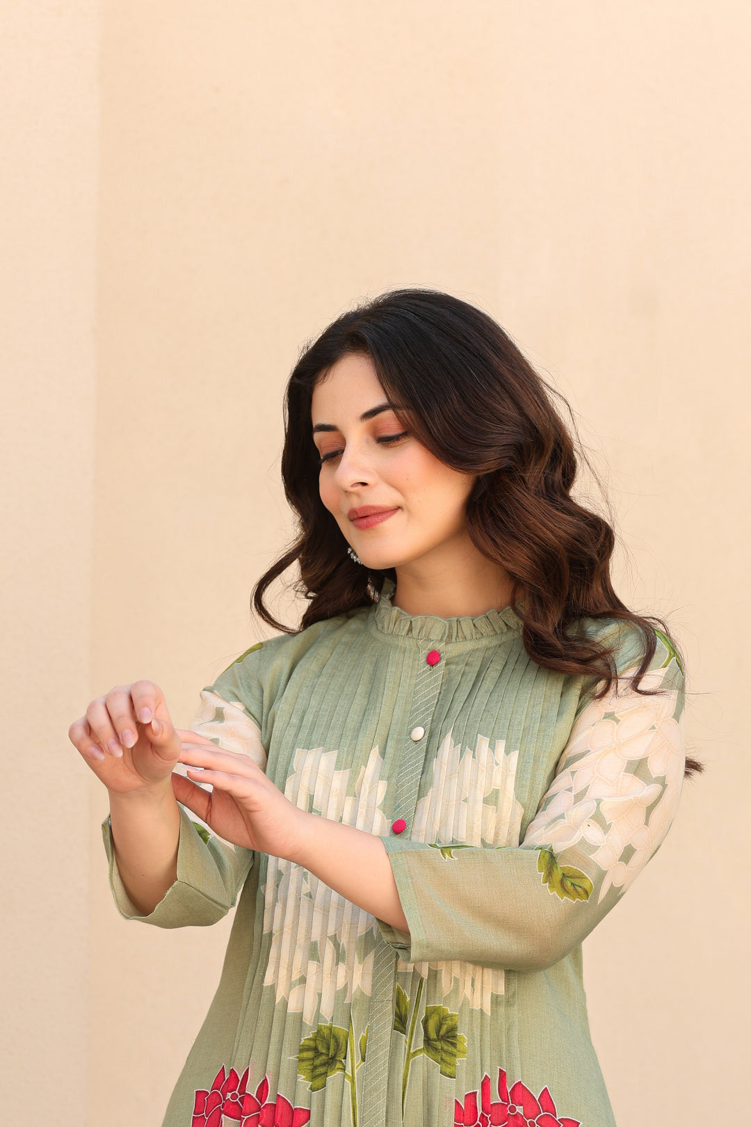 Green Floral Printed Mal Cotton Kurta Set For Women