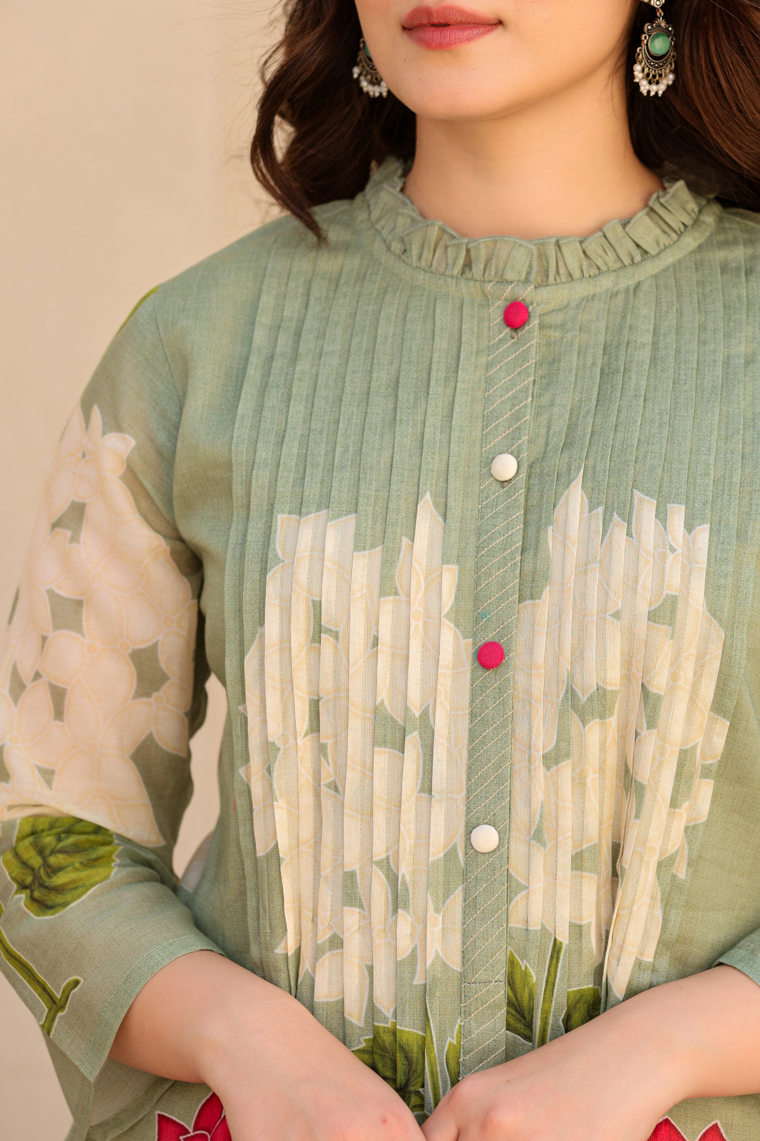 Green Floral Printed Mal Cotton Kurta Set For Women