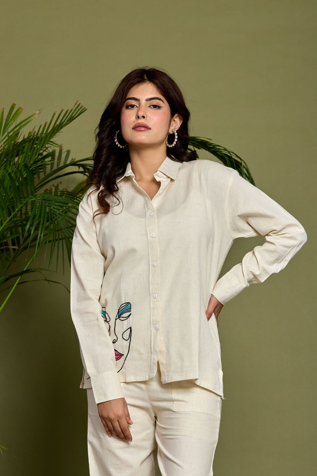 White Cotton Embroidered Co-ord Set for Women