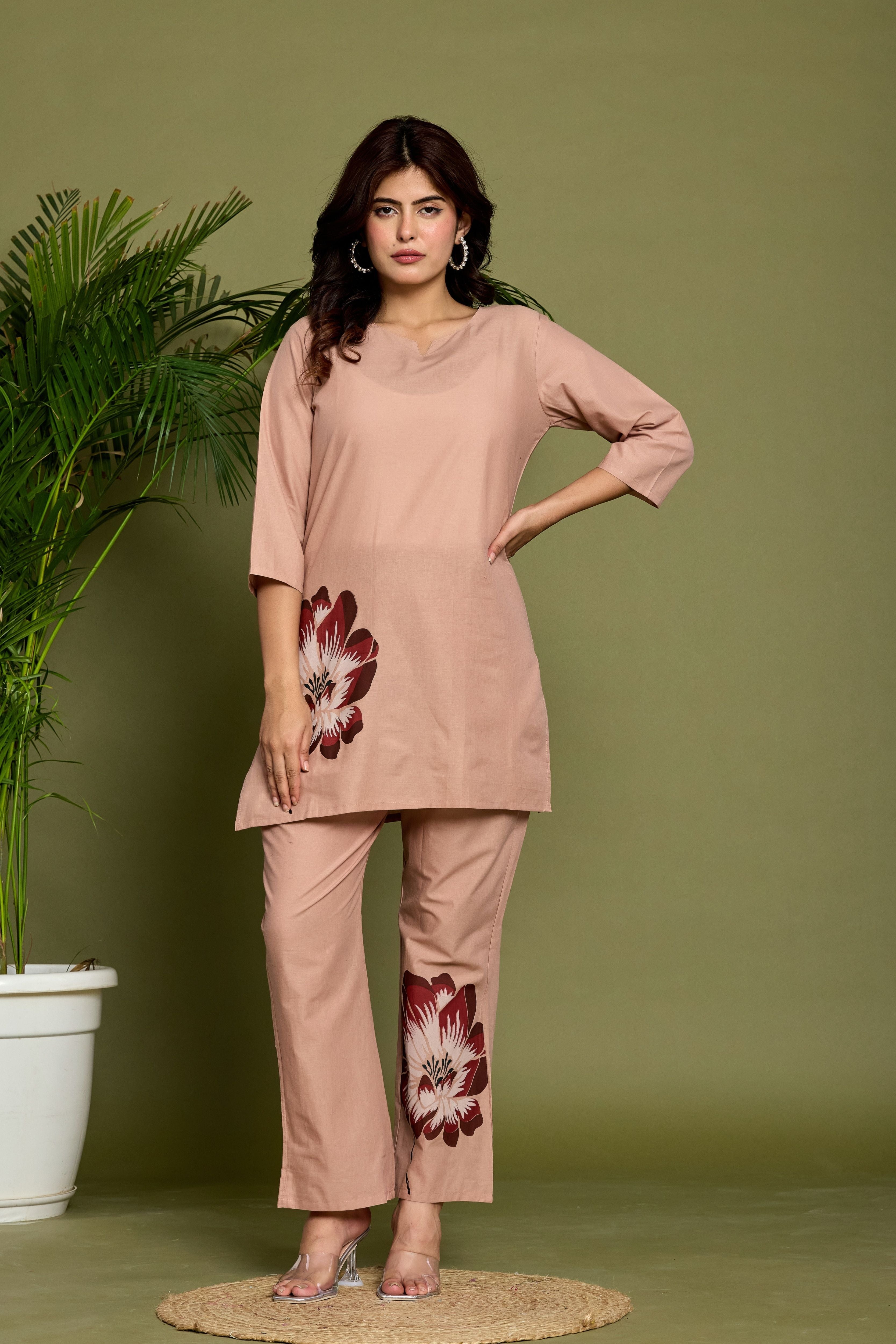Beige Cotton Hand Painted Co-ord Set For Women