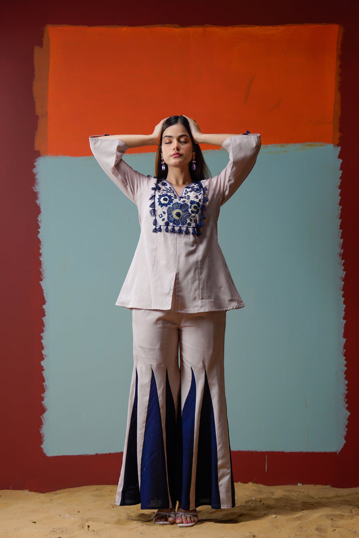 Cotton Pink& Navy Blue Embroidered Top with Flared Women Co-ord set