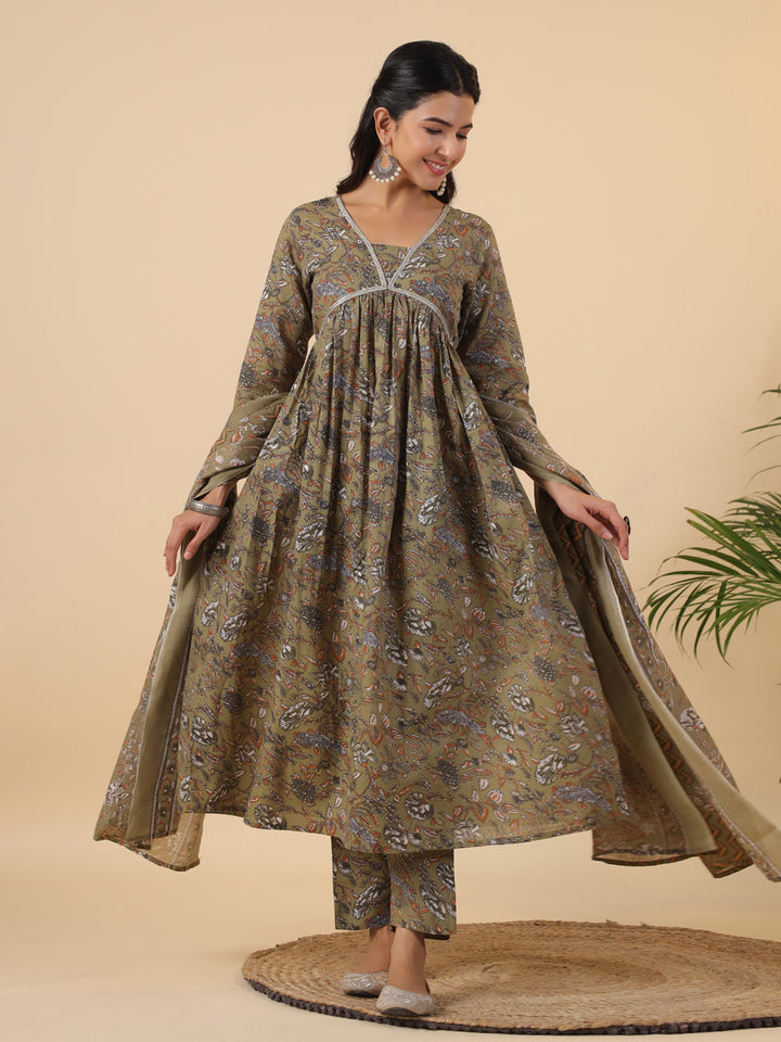 Olive Cotton Blend Kurta Set with Lace Detailing