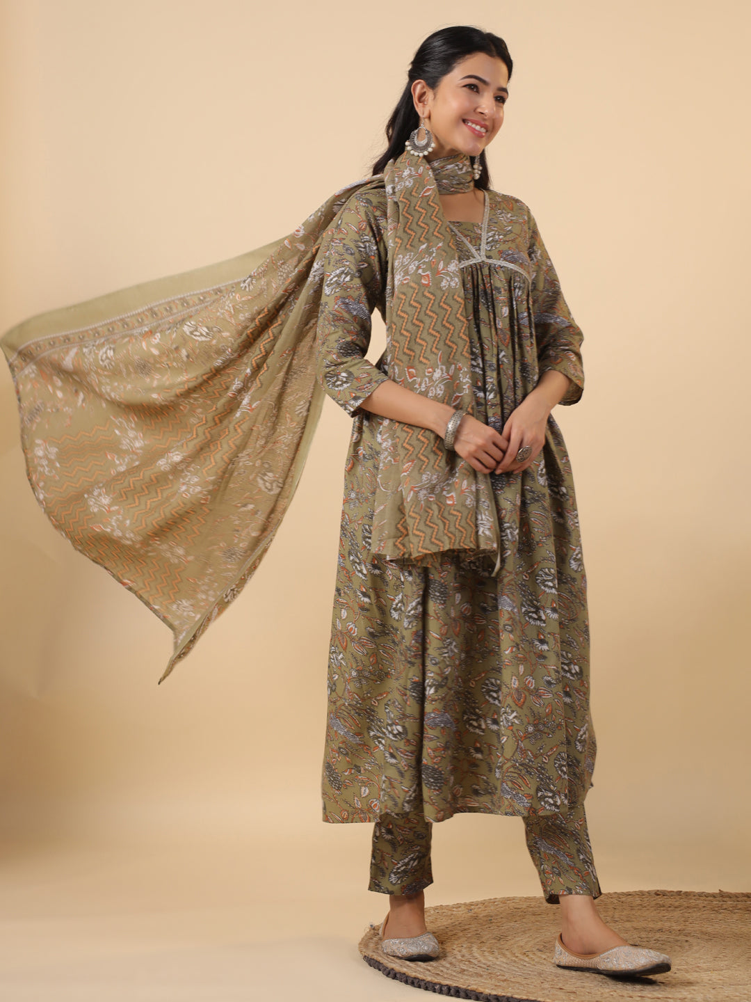 Olive Cotton Blend Kurta Set with Lace Detailing