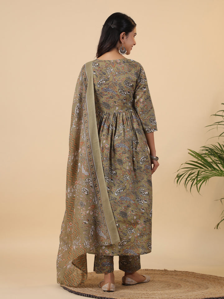 Olive Cotton Blend Kurta Set with Lace Detailing