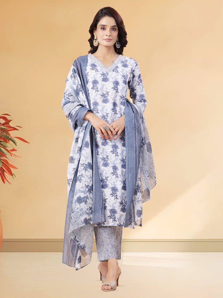 White and Blue Floral Cotton Blend Kurta Set