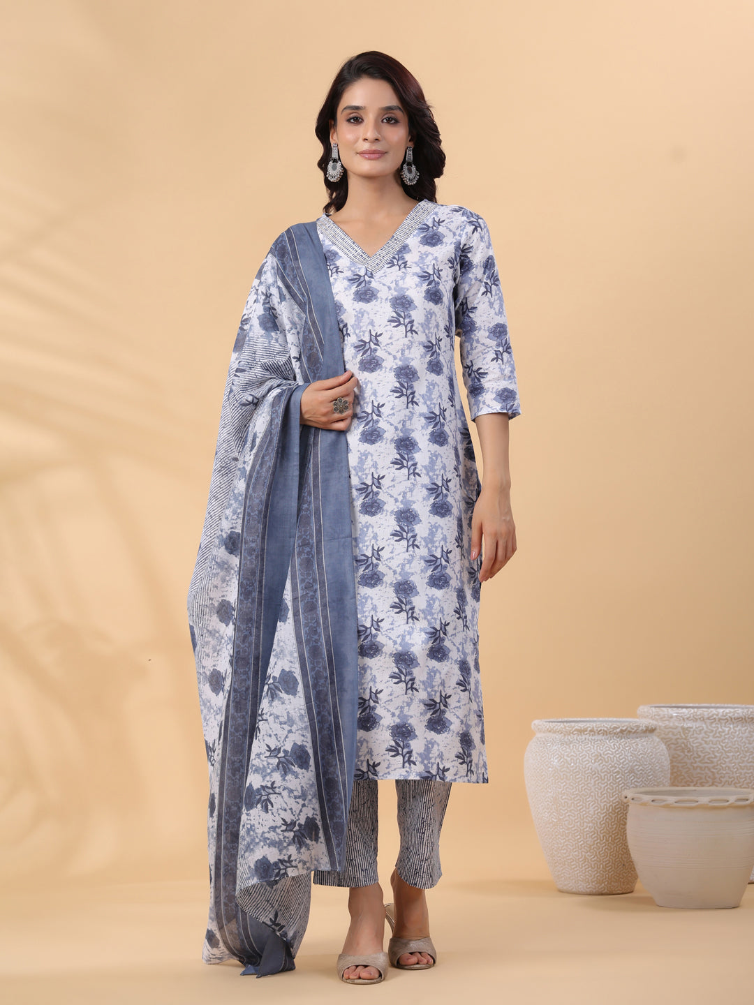 White and Blue Floral Cotton Blend Kurta Set