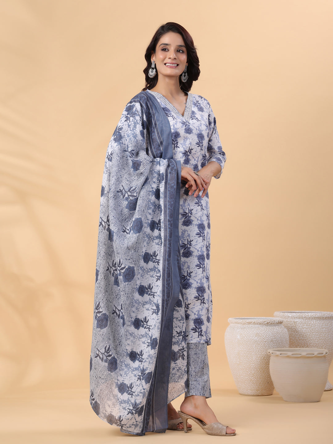 White and Blue Floral Cotton Blend Kurta Set