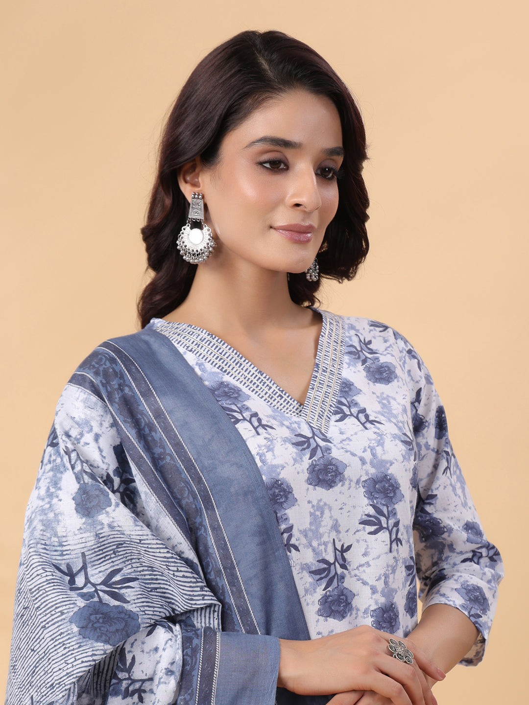 White and Blue Floral Cotton Blend Kurta Set